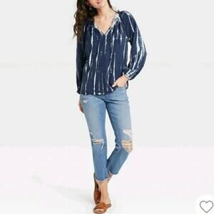 Knox Rose - Long Sleeve Shirt Blue Tie-Dye Boho Peasant Tunic Top - Size Small